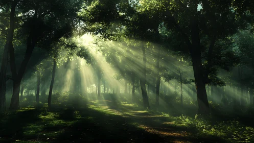 Sunlit forest path glows under radiant morning beams.