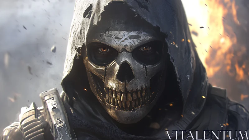 Hooded skull-masked soldier in a fiery combat backdrop.
