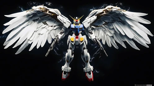 Winged mecha seraph spreads chrome feathers in void.