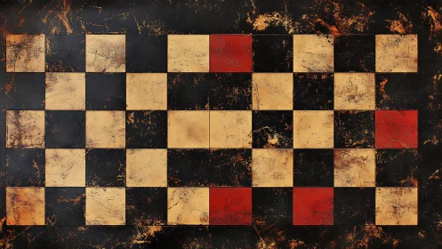 Weathered checkerboard grid glows with rustic red accents