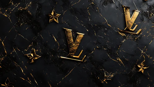 Gold initials and stars on dark marbled background.