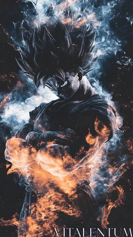 Flaming warrior carves silence from storming cosmic embers