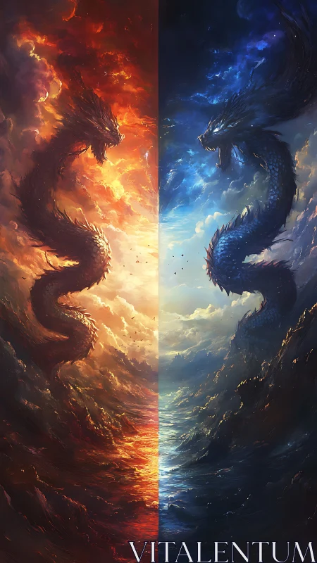 Twin elemental dragons meet where firelight kisses stormsea.