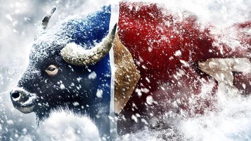Majestic snow-covered bison in split blue and red digital art.