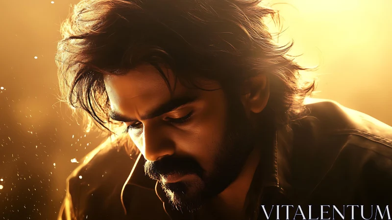 Brooding man lit by warm golden backlight in close-up portrait.