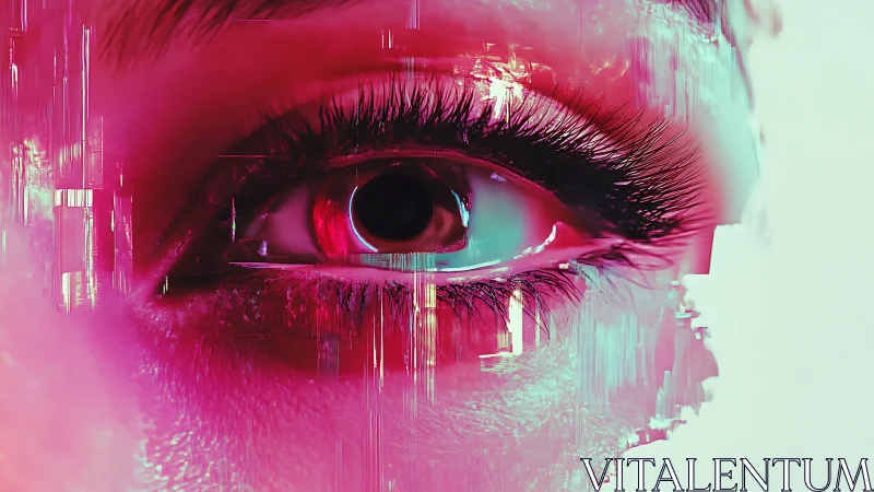 Human eye close-up with digital glitch overlay in pink tones.