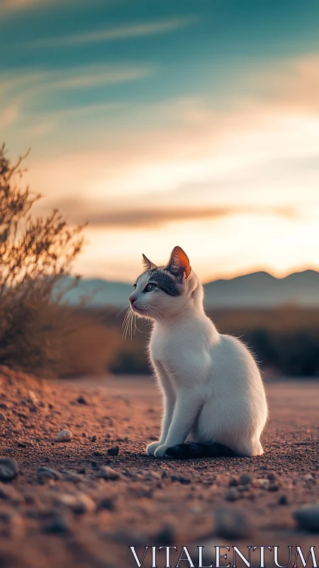 White and Dark Cat Sitting on Desert Ground at Sunset.