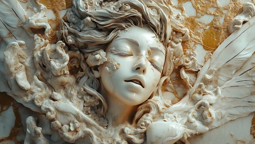 Baroque ethereal sculpture of sleeping angelic figure.