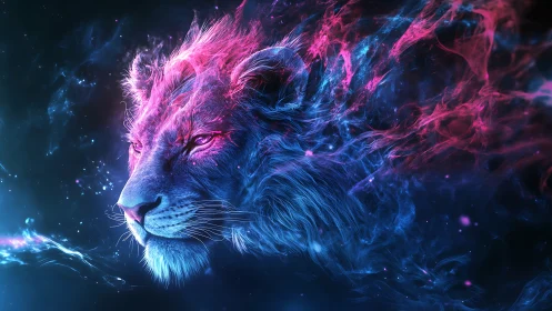 Neon blue and pink cosmic lion head in profile view.