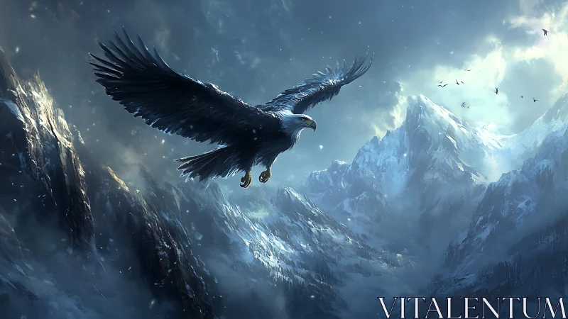 Majestic Eagle Soaring Over Snowy Mountains in Fantasy Art.
