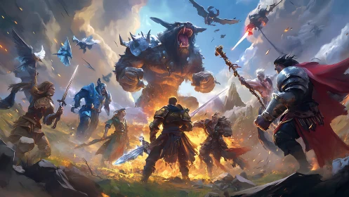 Heroes rise together against a roaring giant beast in battle