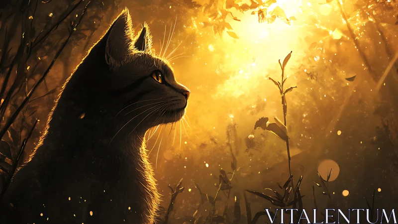 Backlit feline profile in luminous golden forest vignette.
