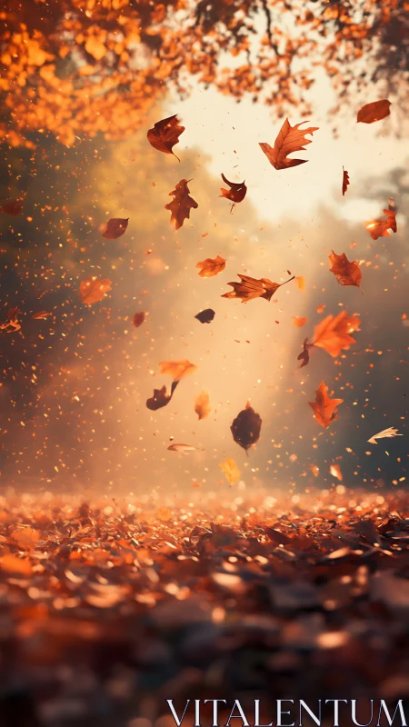 Autumn leaves spiral through backlit bokeh in shallow focus