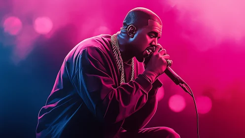 Digital portrait of rapper performing under neon lights.