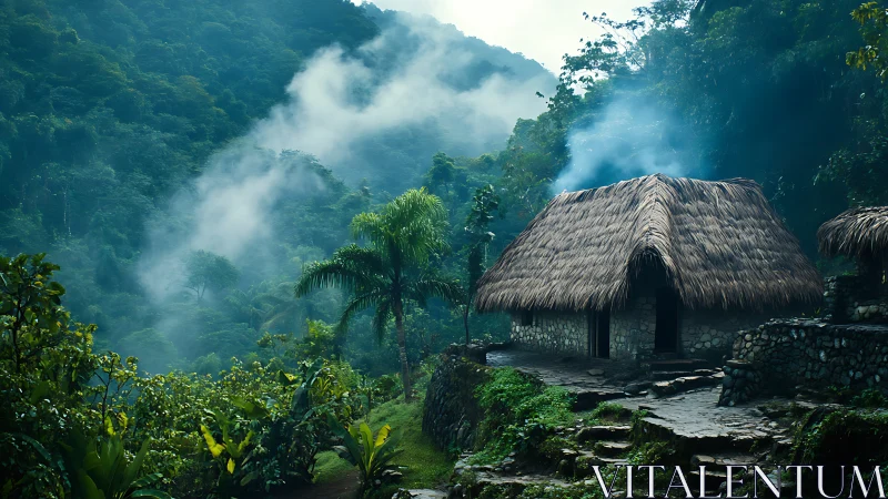 Misty rainforest valley with thatched stone hut at dawn.