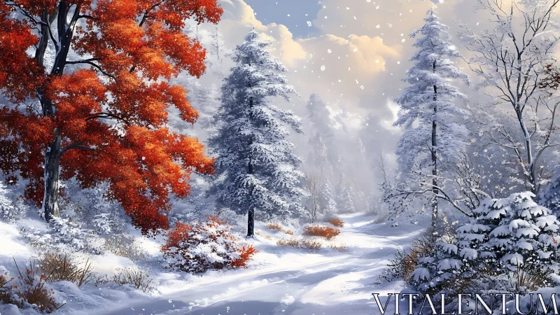 Snow-laden conifer path with high-chroma autumn canopy contrast.