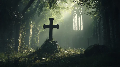 Stone cross dominates sunlit overgrown ruined chapel