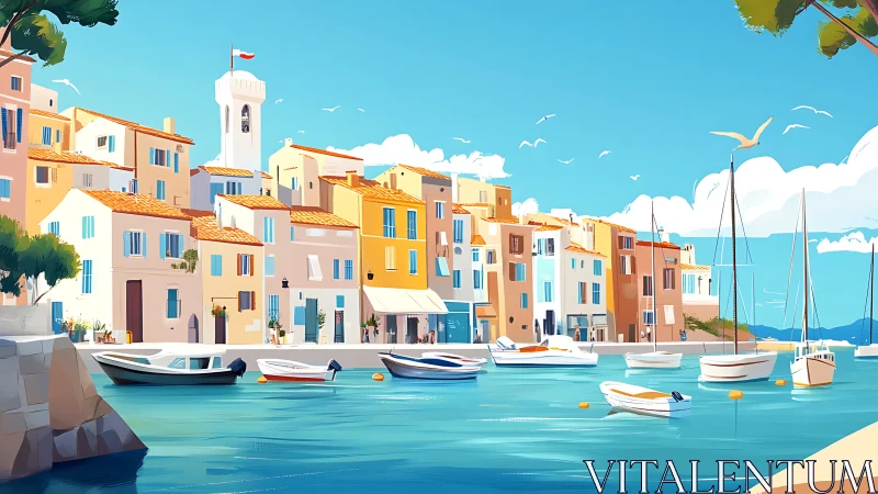 Sunlit Mediterranean harbor shimmers with pastel homes and boats.