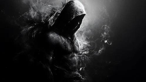 Hooded shadow figure emerges from swirling ethereal smoke.