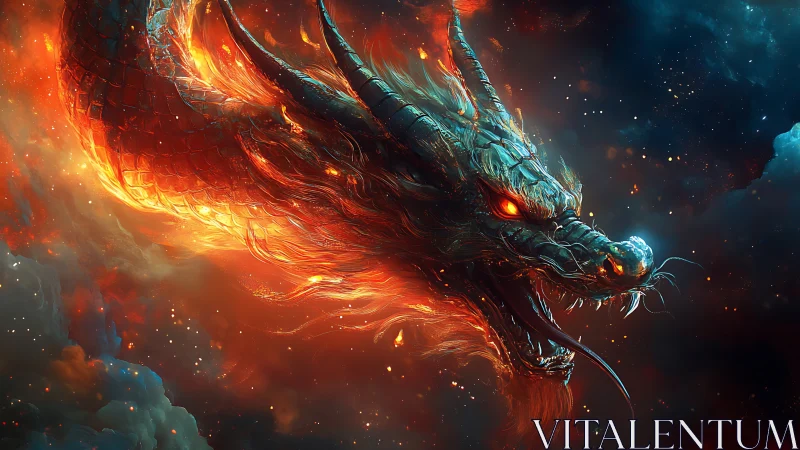 Fiery cosmic dragon head emerges with incandescent plasma trails