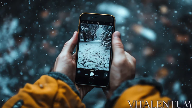 Winter path framed through a cozy smartphone snapshot.