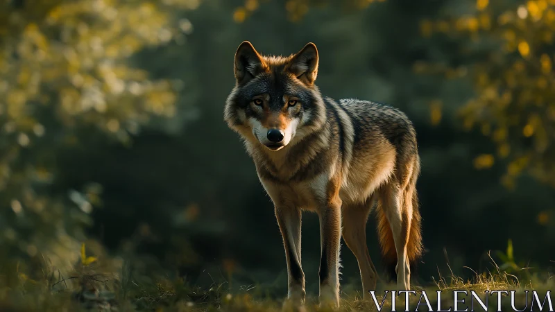 Photorealistic wolf portrait in shallow-depth forest bokeh field.
