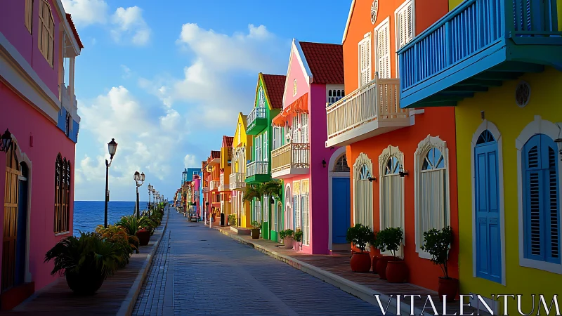 Chromatic waterfront streetscape under directional coastal light.