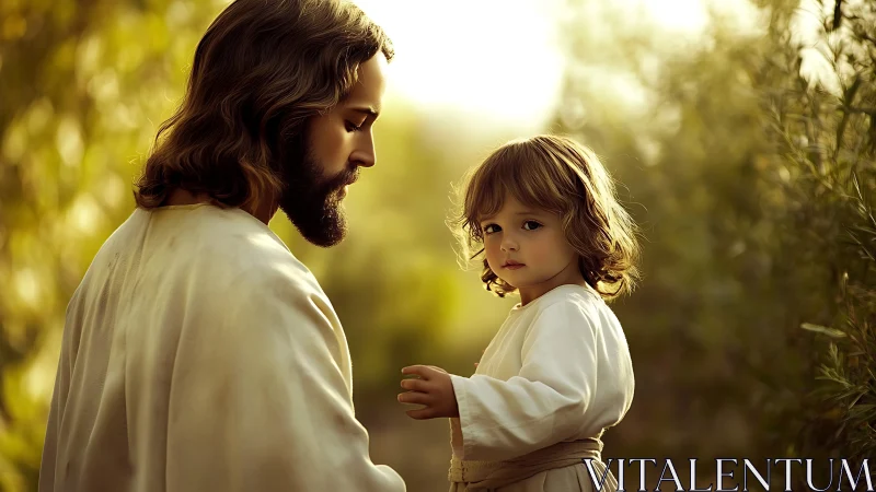 Gentle robed guardian walks peacefully with a small child