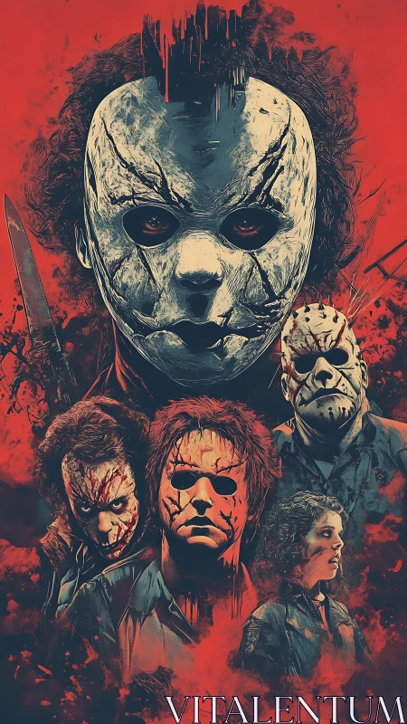 Mask-clad horror icons brood amid blood-soaked red mist