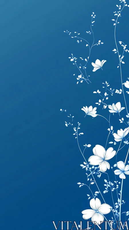 Botanical Digital Illustration with White Flowers on Deep Blue Background