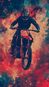 Rebel dirt rider bursts through cosmic dust and neon storm.