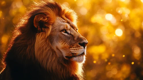 Majestic male lion profile in warm golden backlight.