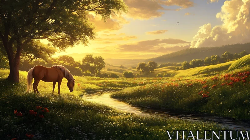 Horse stands by reflective stream in sunlit rural valley