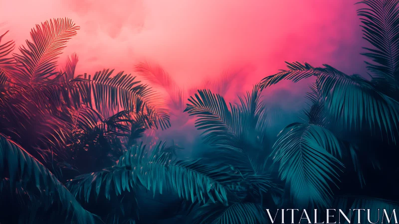 Neon jungle palms glow under saturated magenta twilight sky