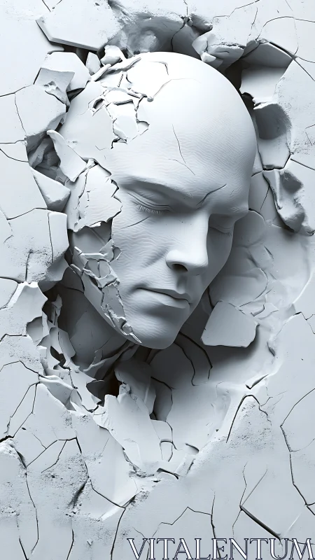 White sculpted face emerging through cracked plaster wall.