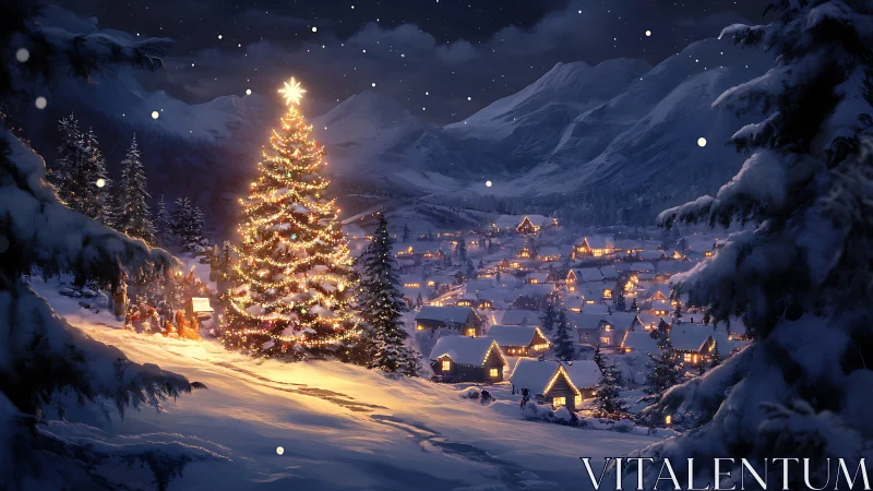 Snowy alpine village glows around illuminated Christmas tree