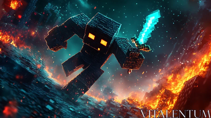 Pixel golem warrior charging through flaming voxel ruins.