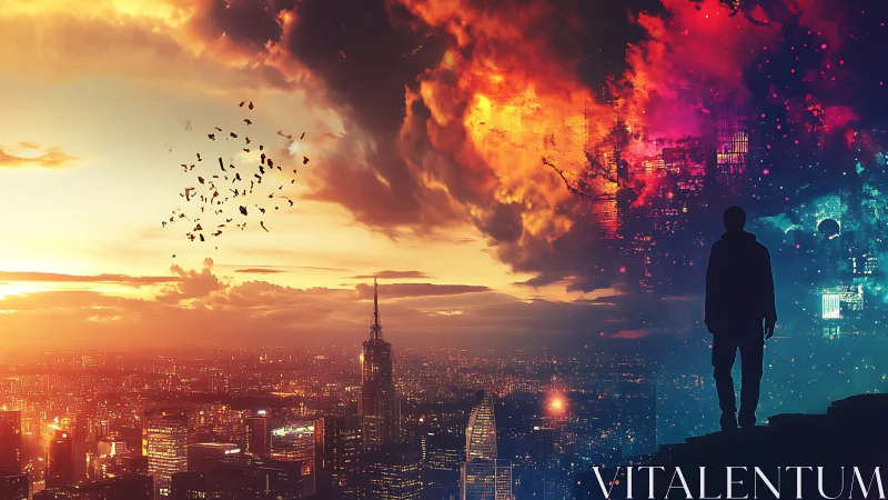 Sunset city skyline welcomes a dreamer at the edge of change