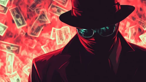 Masked figure in red coat before burning cash storm.
