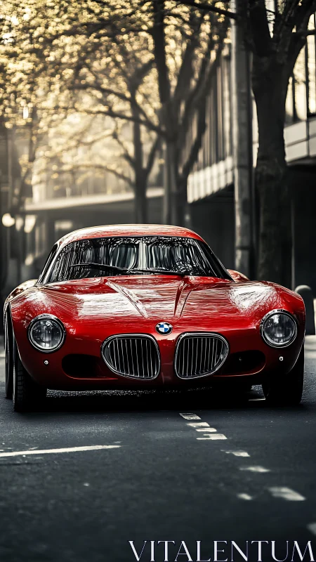 Crimson BMW coupe prowls a tree-lined city canyon at dawn