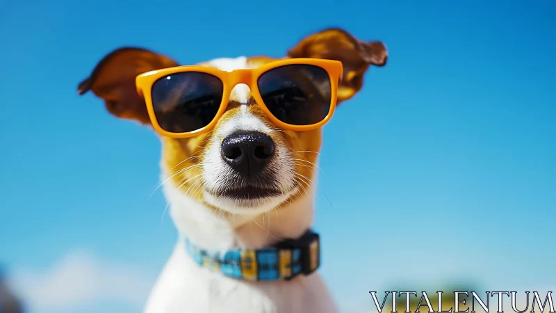 Dog with orange sunglasses under clear blue sky.