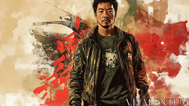 Military style portrait with abstract red and beige backdrop.