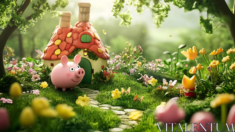 Smiling pig explores whimsical cottage garden at sunrise.