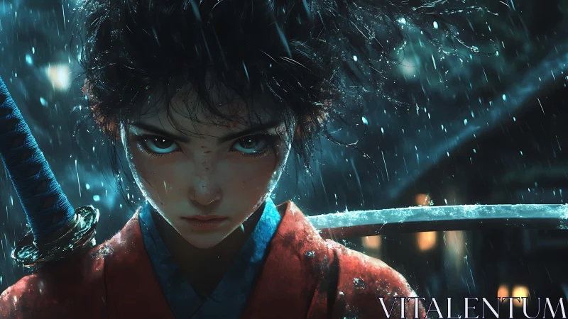 Fierce samurai girl confronts the storm with unwavering resolve