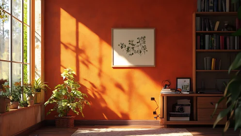 Sunlit orange wall with plants, framed art and shelving unit.