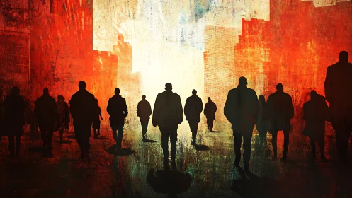 Silhouetted crowd walking through abstract urban light.