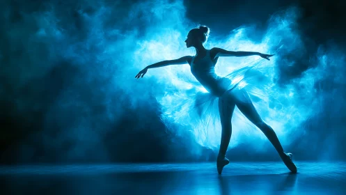 Ballerina silhouette in blue backlit theatrical stage smoke.