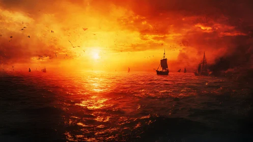Crimson seascape with silhouetted ships at incendiary sunset.