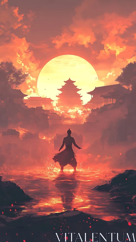 Silhouetted figure facing pagoda at sunset over water.