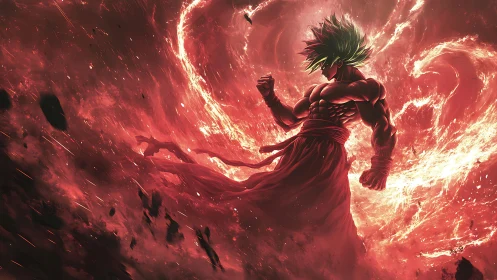 Volcanic aura convergence around hypercharged anime warrior.